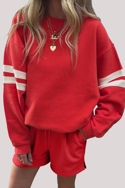 Varsity Stripe Drop Shoulder Crewneck Sweatshirt And Drawstring Shorts Short Set